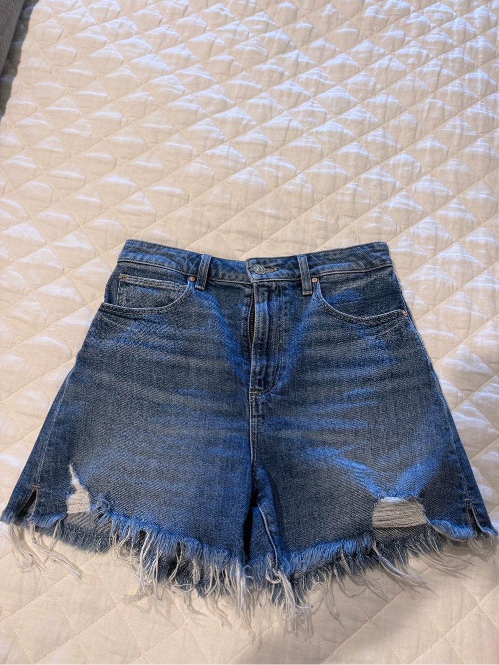 PAIGE Blue Distressed High-Rise Denim Shorts
